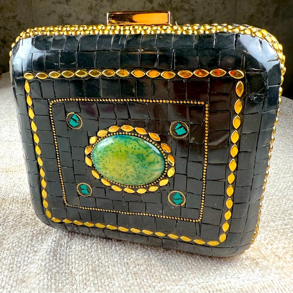 Ramla Handmade Moroccan Black‎ and Gold Embellished Clutch with Green Accent